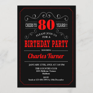 80th Birthday Party – ブラック・レッド・ホワイト 招待状