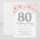 80th Birthday Party – ホワイトシルバーピンク 招待状 (正面/裏面)