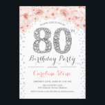 80th Birthday Party – ホワイトシルバーピンク 招待状<br><div class="desc">80thバースデーパーティー招待エレガントデザインでフェイクグリッターシルバー、ピンクと白。フローラスタイリッシュへのダイヤモンドとバラの招待グラムお祝い。さらにカスタマイズするもし必要がある場合はメッセージを表示する。</div>