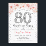 80th Birthday Party – ホワイトシルバーピンク 招待状<br><div class="desc">80thバースデーパーティー招待エレガントデザインでフェイクグリッターシルバー、ピンクと白。フローラスタイリッシュへのダイヤモンドとバラの招待グラムお祝い。さらにカスタマイズするもし必要がある場合はメッセージを表示する。</div>