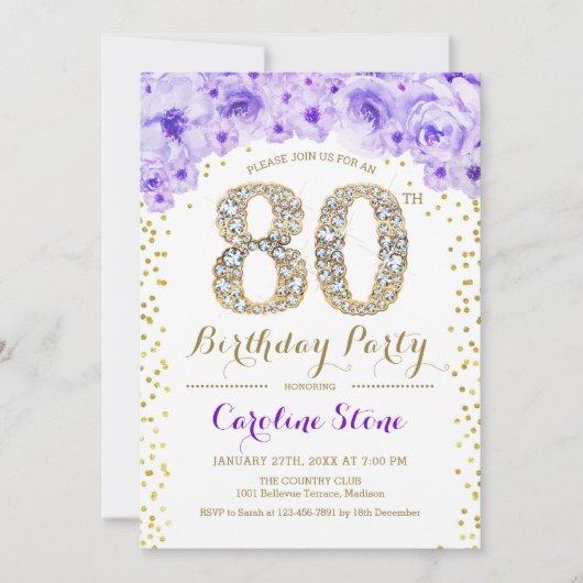 80th Birthday Party – ホワイト金ゴールドパープル 招待状 (正面)