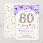 80th Birthday Party – ホワイト金ゴールドパープル 招待状 (正面/裏面)