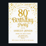 80th Birthday Party – ホワイト&金ゴールド 招待状<br><div class="desc">第80回バースデーパーティーへの招待。白エレガントとグリッターの金ゴールドのフェイクデザイン。スクリプトスタイリッシュのフォントと紙吹雪の機能。メッセージもしメッセージはカスタム年齢。</div>