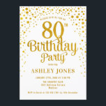 80th Birthday Party – ホワイト&金ゴールド 招待状<br><div class="desc">第80回バースデーパーティーへの招待。白エレガントとグリッターの金ゴールドのフェイクデザイン。スクリプトスタイリッシュのフォントと紙吹雪の機能。メッセージもしメッセージはカスタム年齢。</div>