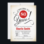 80th Birthday Party – レッド白黒 招待状<br><div class="desc">レトロなクリーミーな背景と赤い白い黒で80th誕生日パーティーの招待。機能レトロスクリプトフォント。応援80年！任意のカスタマイズ年齢にすることができる。男性または女性スタイリッシュのマイルストーンの日お祝いに最適。</div>