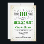 80th Birthday Party -レトロクリーミー白と緑 招待状<br><div class="desc">80歳の誕生日パーティーの招男性へ待または女性。白エレガントと緑のクリーム色の招待状カード。機能レトロタイポグラフィフォント。応援80年！どんなカスタマイズ年齢にも入る事ができる。大人のスタイリッシュお祝いに最適。</div>