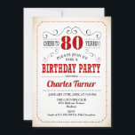 80th Birthday Party -レトロクリーミー白と赤 招待状<br><div class="desc">80歳の誕生日パーティーの招男性へ待または女性。招待状エレガントカードはクリーム色の白、赤、黒。機能レトロタイポグラフィフォント。応援80年！どんなカスタマイズ年齢にも入る事ができる。大人のスタイリッシュお祝いに最適。</div>