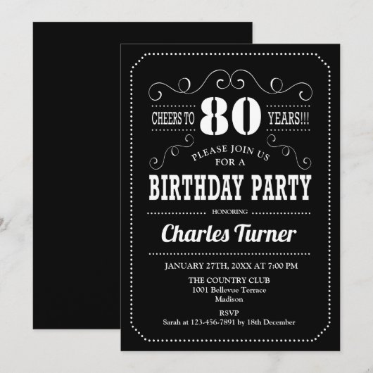 80th Birthday Party -白黒 招待状 (正面/裏面)