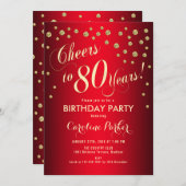 80th Birthday Party -金ゴールド赤 招待状 (正面/裏面)