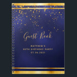 80th Birthday Party 80ダークブルー金ゴールドゲストブック ノートブック<br><div class="desc">彼のために80th誕生日パーティー非公式のゲストブック，少年，ダークブルーの男，ネイビーブルーの背景。青い色が不均一だ。金ゴールドの枠と金フェイクの紙吹雪を振りかけるとともに、黄金色の文字。タイトルGuest Bookは手で書いた書スタイルスモダンクリプト付き。名前のテンプレート、年齢80、日付。</div>