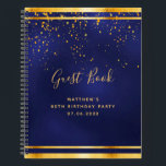 80th Birthday Party 80ダークブルー金ゴールドゲストブック ノートブック<br><div class="desc">彼のために80th誕生日パーティー非公式のゲストブック，少年，ダークブルーの男，ネイビーブルーの背景。青い色が不均一だ。金ゴールドの枠と金フェイクの紙吹雪を振りかけるとともに、黄金色の文字。タイトルGuest Bookは手で書いた書スタイルスモダンクリプト付き。名前のテンプレート、年齢80、日付。</div>