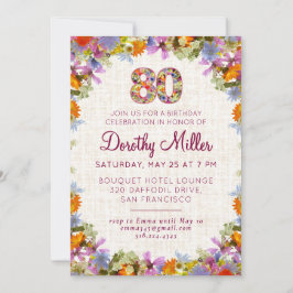 80th Birthday Party – Elegant Floral Linen Design 招待状