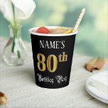 80th Birthday Party — Fancy Script, Faux Gold Look 紙コップ<br><div class="desc">This luxurious and ornate birthday paper cup design features a personalized name and the message “80th Birthday Party”. The large number “80th” has an imitation/faux gold-inspired coloring pattern, the words “Birthday Party” are in elegant script-style text, and the background is colored black by default (although it can be customized). Opulent,...</div>
