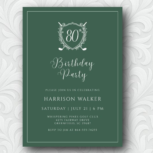 80th Birthday Party Golf Crest Elegant Script Sage 招待状