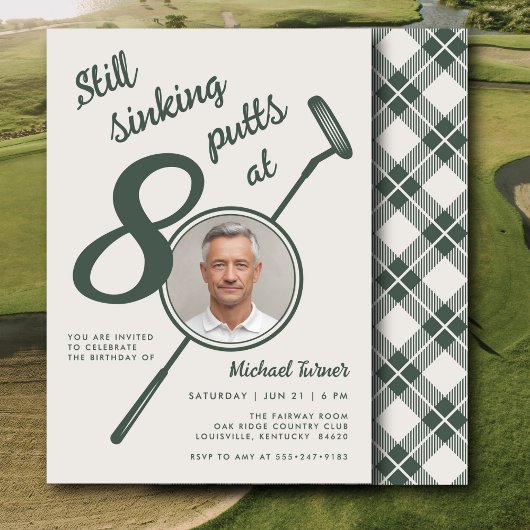 80th Birthday Party Photo Modern Golf Putter Green 招待状
