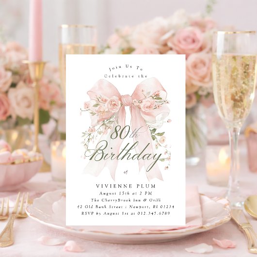 80th Birthday Party Pink Coquette Bow Rose Floral 招待状
