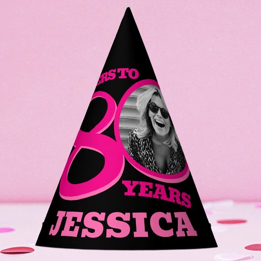 80th birthday personalized photo pink black パーティーハット