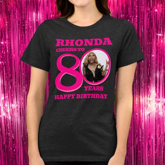 80th Birthday photo and name pink text トライブレンドTシャツ