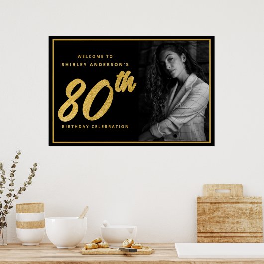 80th Birthday Photo Black Faux Gold Leaf Elegant ポスター (キッチン)