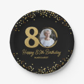 80th Birthday Photo Elegant Black Gold Glitter ペーパープレート (正面)