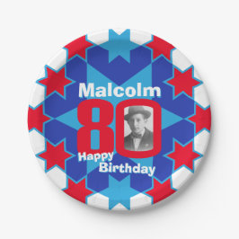80th birthday photo name blue star紙プレート ペーパープレート
