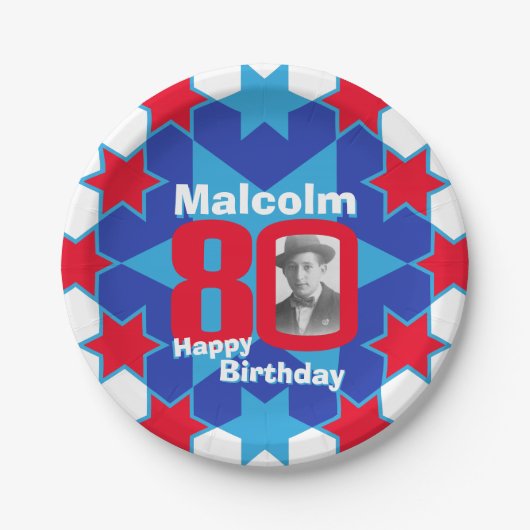 80th birthday photo name blue star紙プレート ペーパープレート (正面)