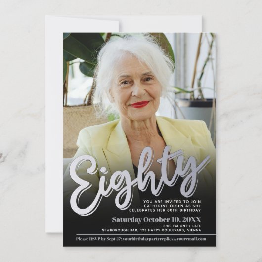 80th Birthday photo silver eighty script party 招待状 (正面)