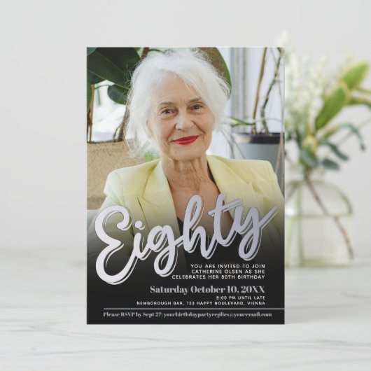 80th Birthday photo silver eighty script party 招待状 (スタンド正面)
