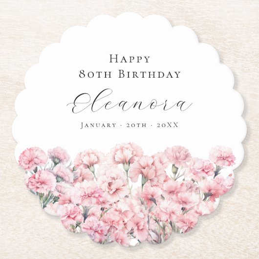 80th Birthday Pink Carnation January Birth Flower ペーパーコースター (正面)