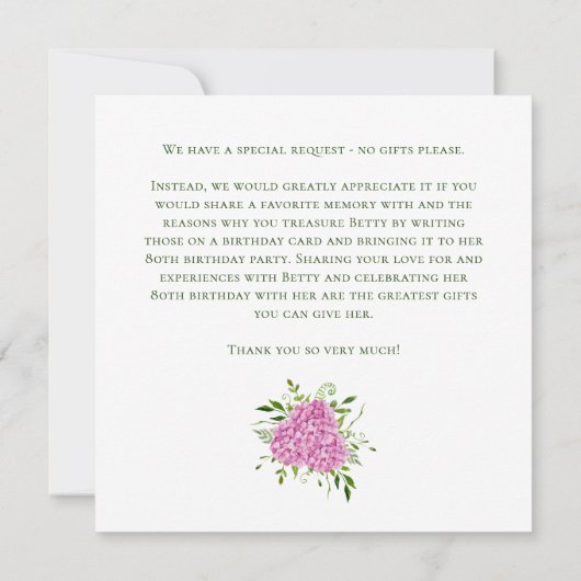 80th Birthday Pink Hydrangeas Card Request 招待状 (裏面)