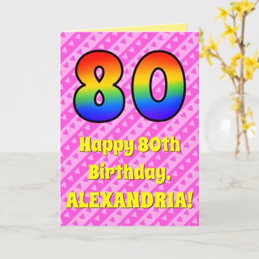 80th Birthday: Pink Stripes & Hearts, Rainbow # 80 カード (黄色い花)