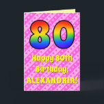 80th Birthday: Pink Stripes & Hearts, Rainbow # 80 カード<br><div class="desc">The front of this happy and festive 80th birthday-themed greeting card design features a large number "80" having a colorful rainbow spectrum inspired gradient pattern. It also features the message "Happy 80th Birthday, ", followed by a customizable recipient name. The background of the front features a cheerful pattern of dark...</div>