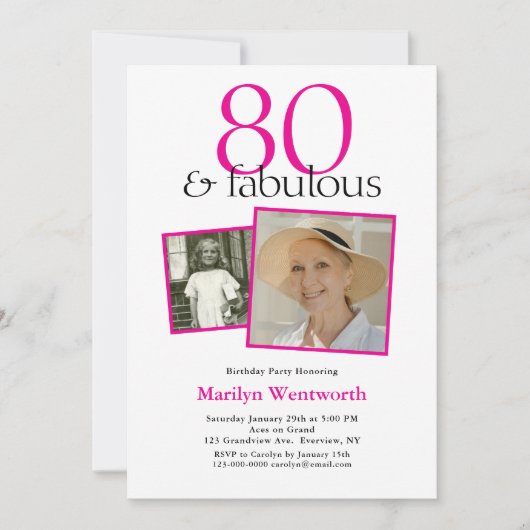 80th Birthday Pink Typography 2 Photo 招待状 (正面)