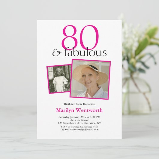 80th Birthday Pink Typography 2 Photo 招待状 (スタンド正面)