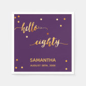 80th birthday purple金ゴールドhello 80 name script スタンダードカクテルナプキン (正面)
