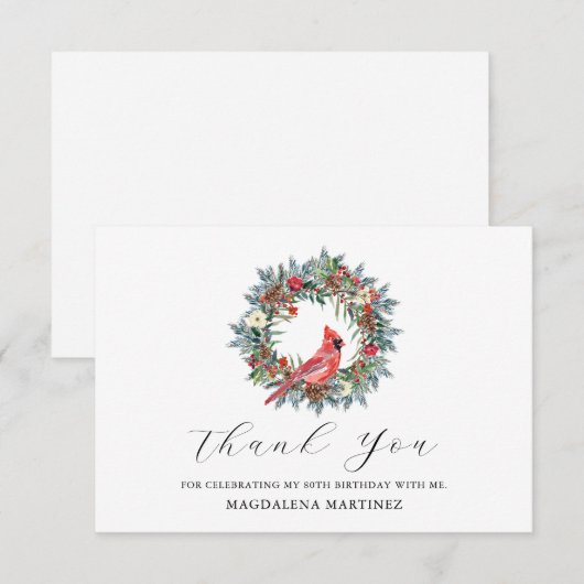 80th Birthday Red Cardinal Wreath Custom Flat サンキューカード (正面/裏面)