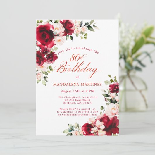 80th Birthday Red Rose Pink Peony Floral 招待状 (スタンド正面)