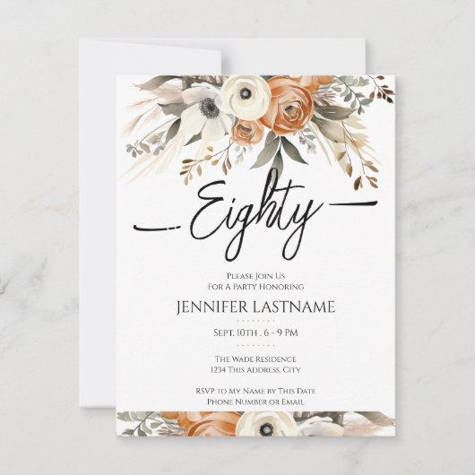 80th Birthday Rustic Floral Fall  招待状 (正面)