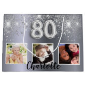 80th birthday silverグリッター写真 ラージペーパーバッグ (正面)