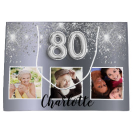 80th birthday silverグリッター写真 ラージペーパーバッグ