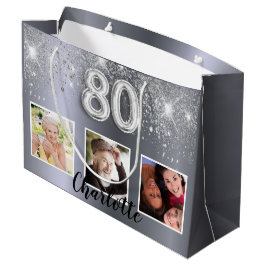 80th birthday silverグリッター写真 ラージペーパーバッグ