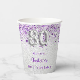 80th birthday silver purpleグリッター名 紙コップ