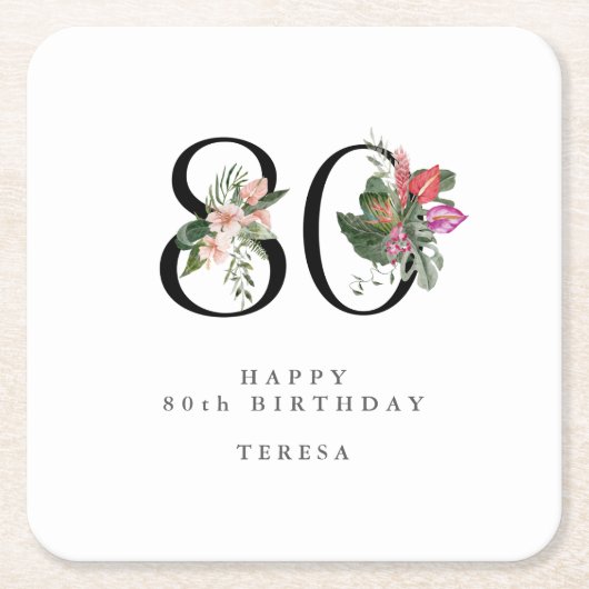 80th Birthday Simple Elegant Tropical Invitation スクエアペーパーコースター (正面)