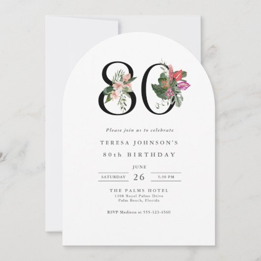 80th Birthday Simple Elegant Tropical Invitation 招待状 (正面)