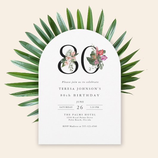 80th Birthday Simple Elegant Tropical Invitation 招待状