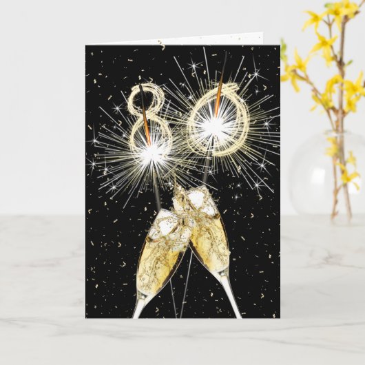 80th Birthday Sparklers and Champagne Toast カード (黄色い花)