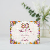 80th Birthday Thank You – Elegant Floral Design ポストカード (スタンド正面)