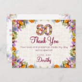 80th Birthday Thank You – Elegant Floral Design ポストカード (正面/裏面)