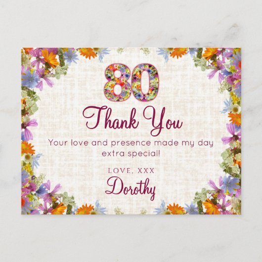 80th Birthday Thank You – Elegant Floral Design ポストカード (正面)