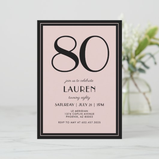 80th Birthday Women's Modern Minimal Black Pink 招待状 (スタンド正面)